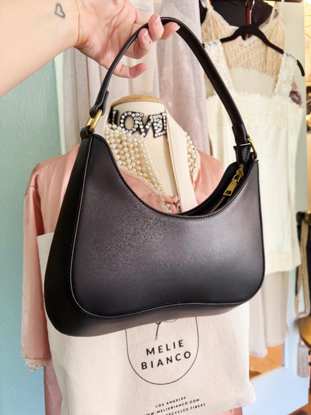 Melie Bianco Black Vegan Leather SLEEK Shoulder Bag Ethical Designer saddlebag